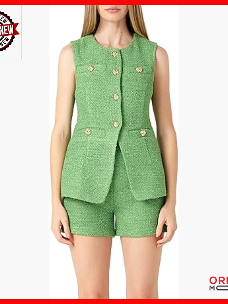 Sleeveless Tweed Button-Down Top With Mandarin Collar And Front Split